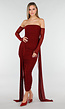 Bordeaux Rode Off Shoulder Mesh Jurk met Lange Mouwen