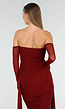 Bordeaux Rode Off Shoulder Mesh Jurk met Lange Mouwen