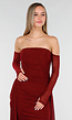 Bordeaux Rode Off Shoulder Mesh Jurk met Lange Mouwen