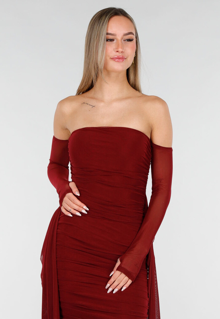 Bordeaux Rode Off Shoulder Mesh Jurk met Lange Mouwen