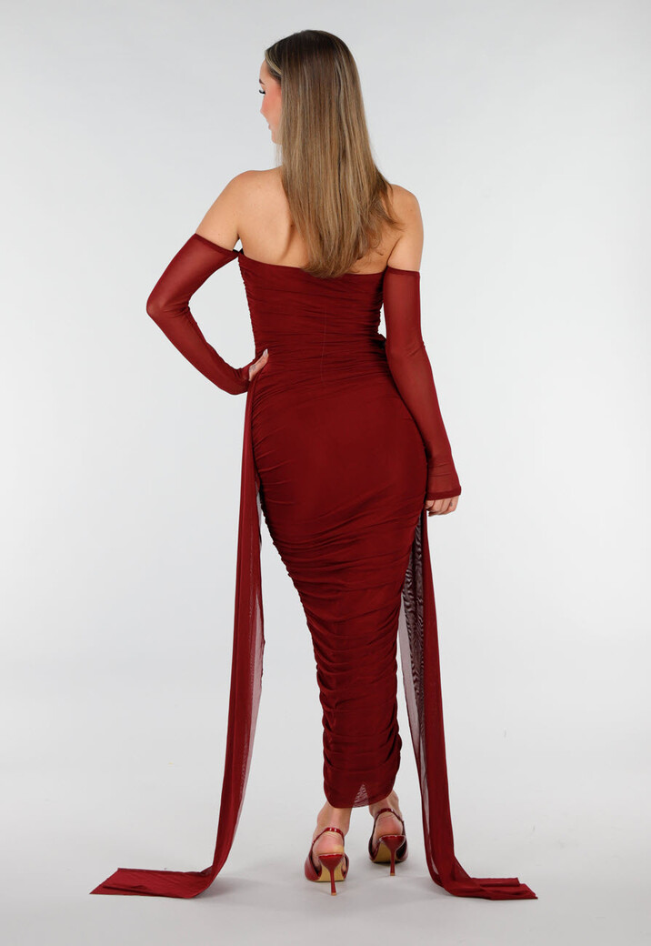 Bordeaux Rode Off Shoulder Mesh Jurk met Lange Mouwen