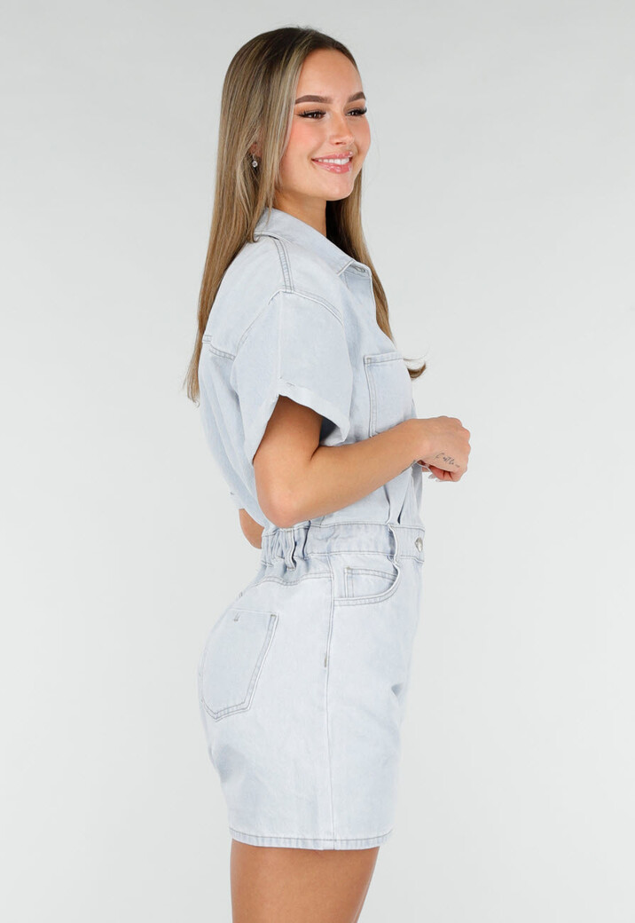 Lichtblauwe Denim Playsuit met Korte Mouwen