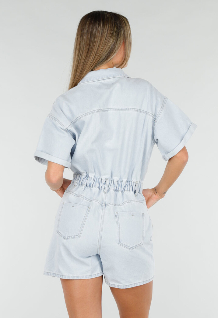 Lichtblauwe Denim Playsuit met Korte Mouwen
