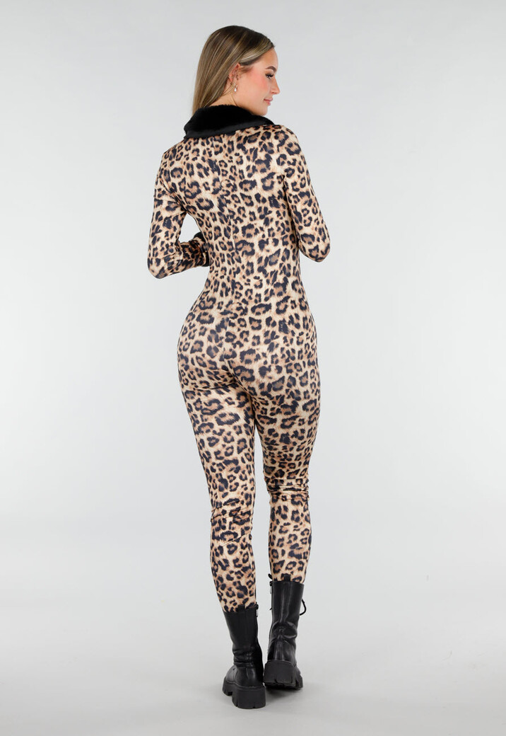 Leopard Print Jumpsuit met Bontkraag