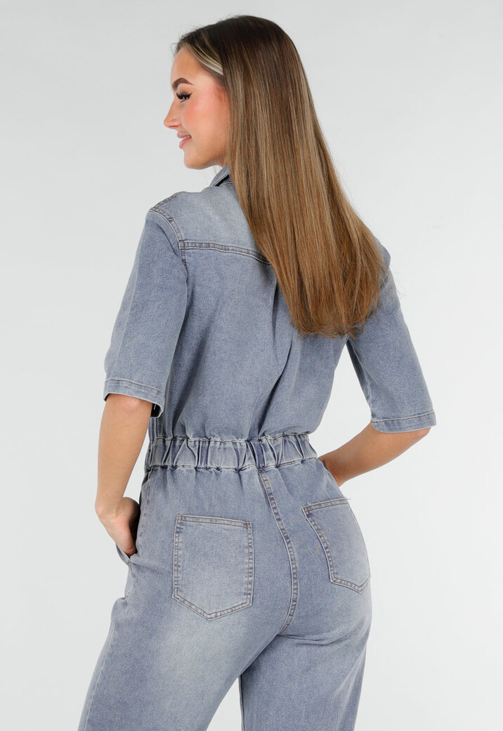 Denim Jumpsuit met Elastische Taille Blauw