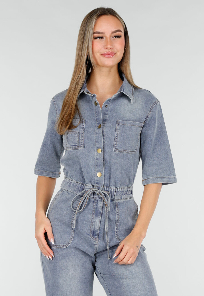 Denim Jumpsuit met Elastische Taille Blauw