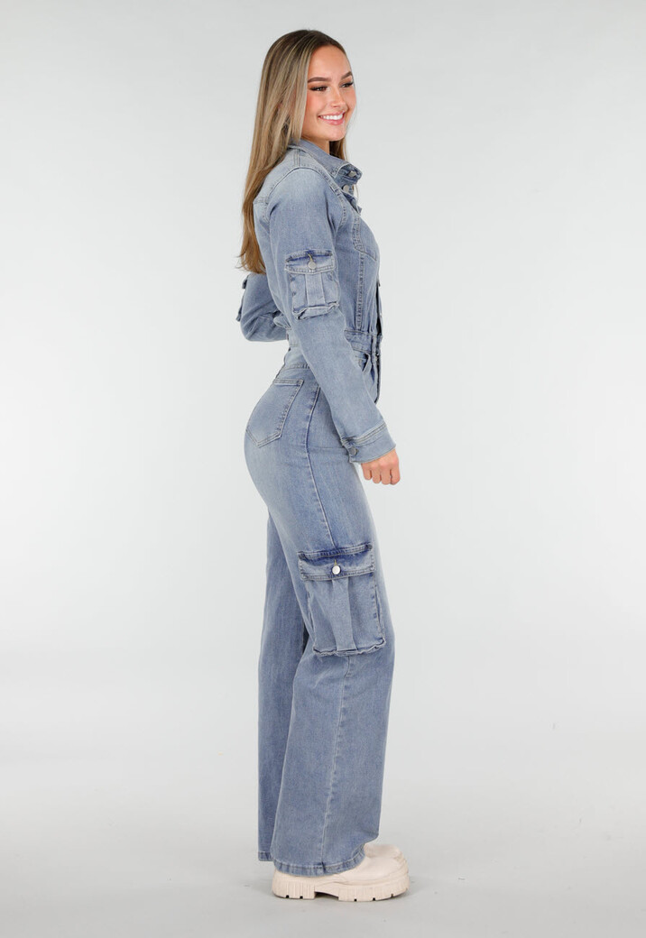 Denim Cargo Jumpsuit Blauw