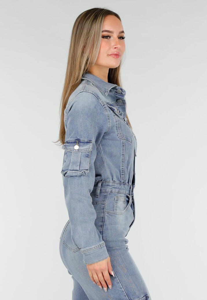 Denim Cargo Jumpsuit Blauw