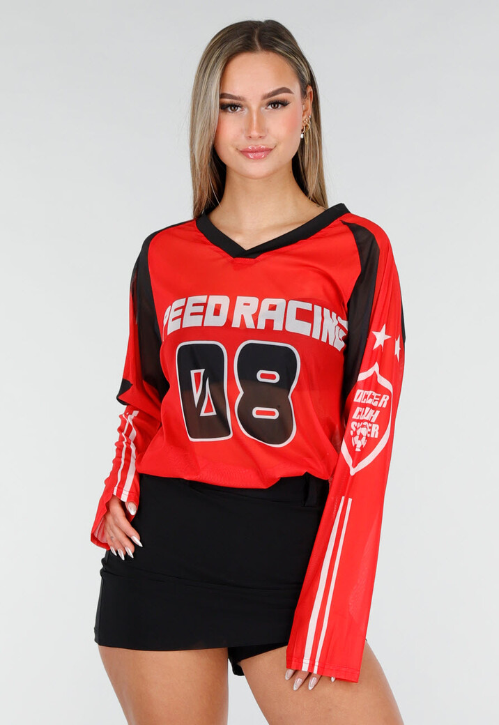 Rode Mesh Jersey Top met Lange Mouwen