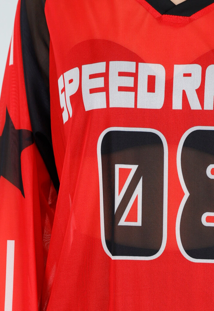 Rode Mesh Jersey Top met Lange Mouwen