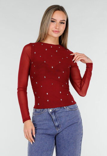 Bordeauxrode Mesh Top met Studs