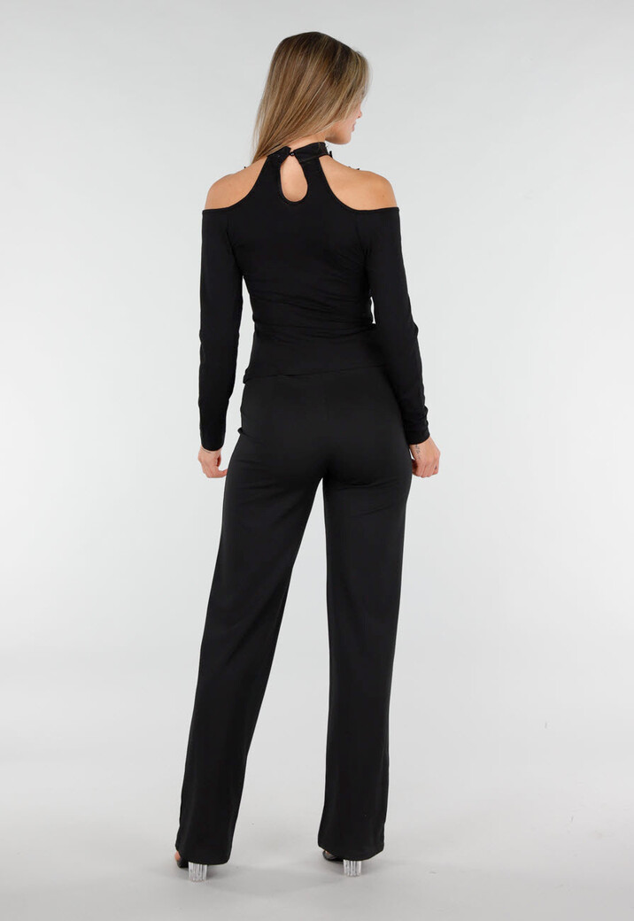 Cold Shoulder Peplum Top met Choker Zwart