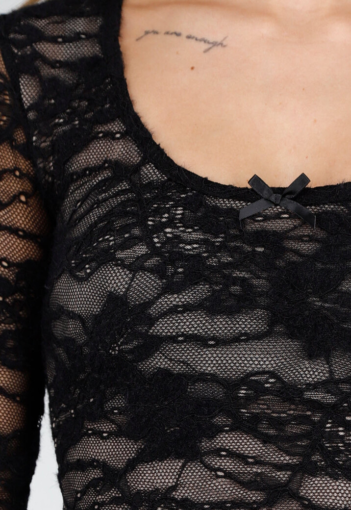 Zwarte Kanten Stretch Top met Lange Mouwen