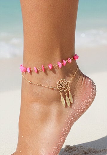 Goudkleurig Enkelbandje met Roze Steentjes