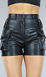 Zwarte Lederlook Cargo Short met Hoge Taille
