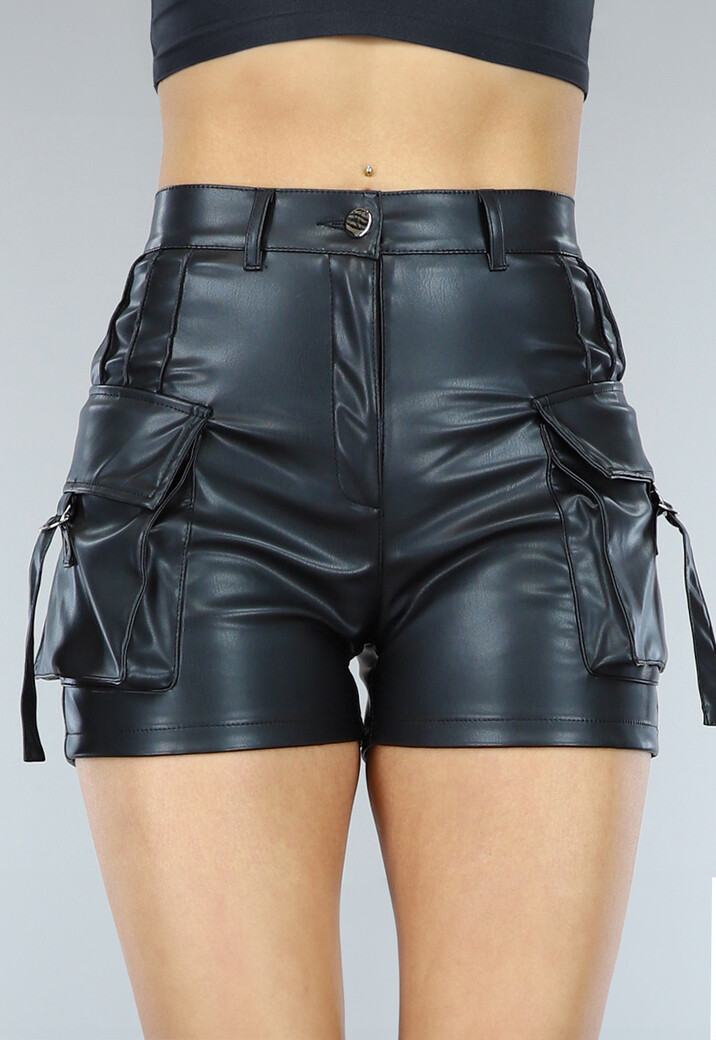 Zwarte Lederlook Cargo Short met Hoge Taille