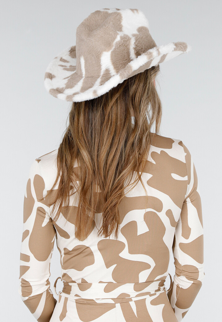 Beige Faux Fur Koeienprint Cowboyhoed