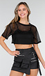 Zwarte Mesh Crop Top met Korte Mouwen