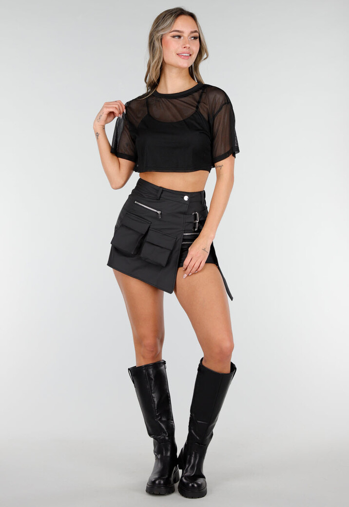 Zwarte Mesh Crop Top met Korte Mouwen