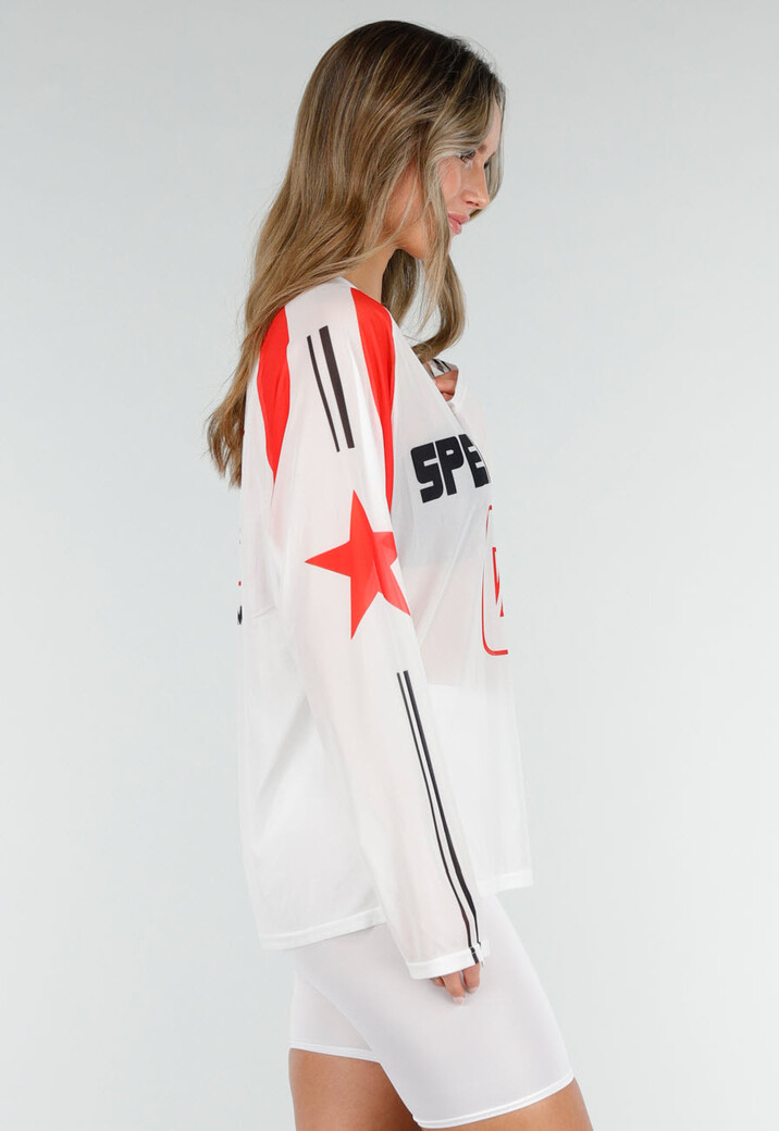 Witte  Mesh Jersey Top met Lange Mouwen