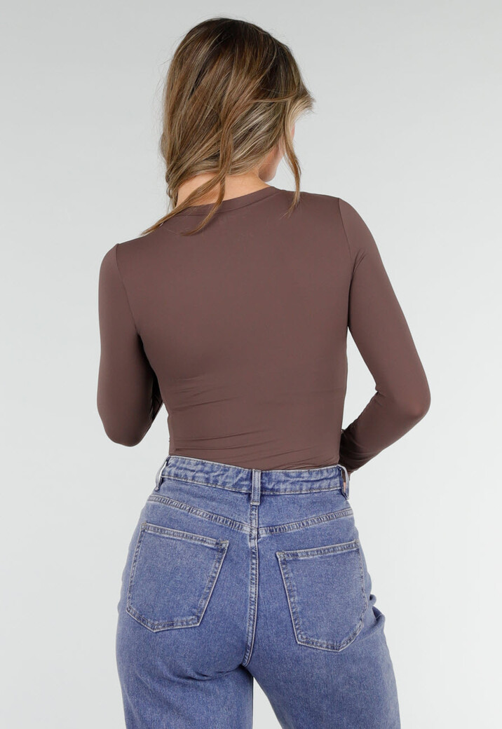 Basic Stretch Top Bruin met Lange Mouwen