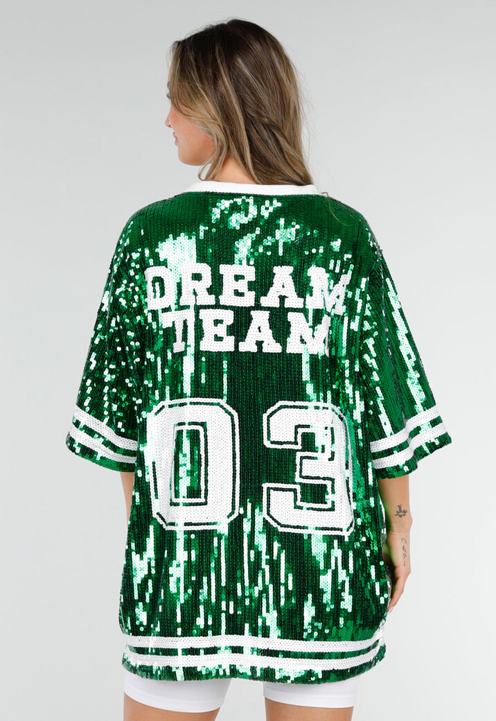 Groene Oversized Pailletten Jersey Top met V Hals
