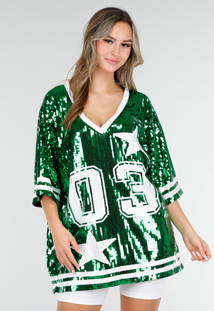 Groene Oversized Pailletten Jersey Top met V Hals