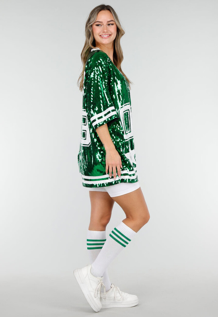Groene Oversized Pailletten Jersey Top met V Hals
