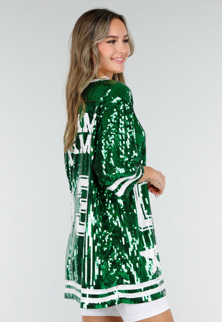 Groene Oversized Pailletten Jersey Top met V Hals