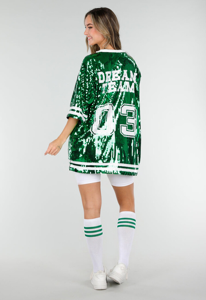 Groene Oversized Pailletten Jersey Top met V Hals