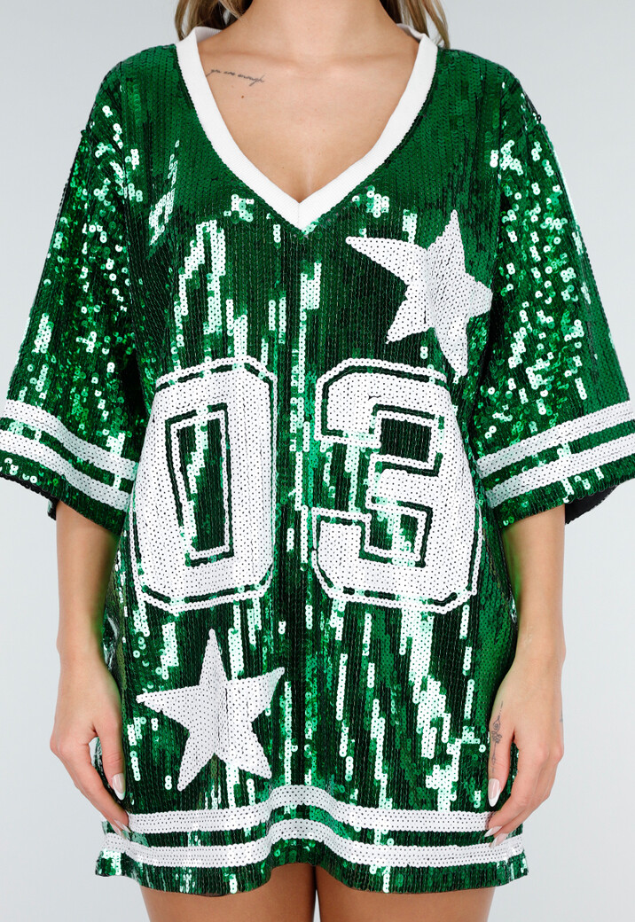 Groene Oversized Pailletten Jersey Top met V Hals