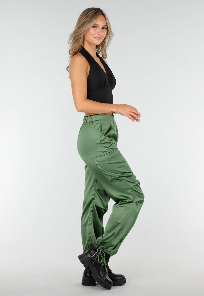 Khaki Satin Look Cargo Broek met Strikdetail
