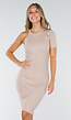 Beige Ribstof Midi Jurk met Enkele Mouw