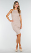 Beige Ribstof Midi Jurk met Enkele Mouw
