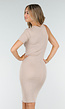 Beige Ribstof Midi Jurk met Enkele Mouw