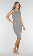 Grijze Midi Ribstof Jurk met Één Mouw