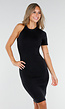 Zwarte Ribstof Stretch Jurk met Één Mouw