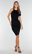 Zwarte Ribstof Stretch Jurk met Één Mouw