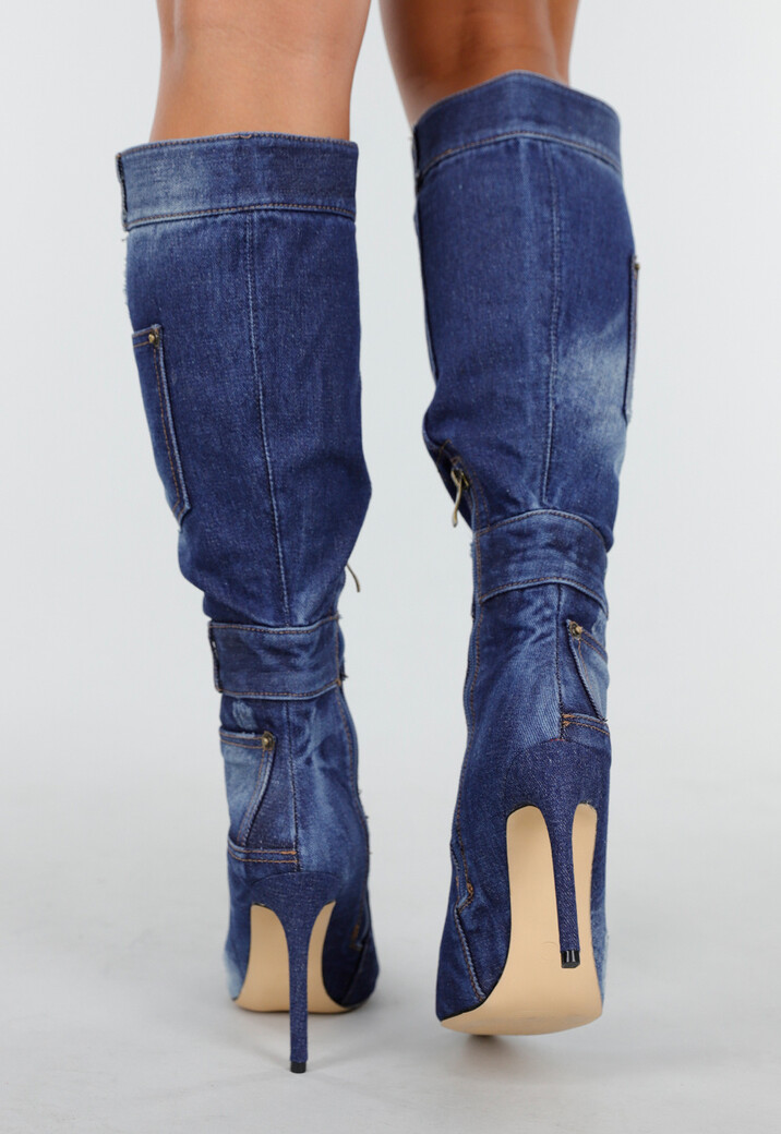 Denim Look Knielaarzen met Stiletto Hak