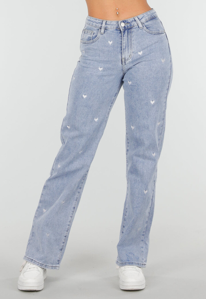 Lichtblauwe Straight Leg Jeans met Hartjesprint