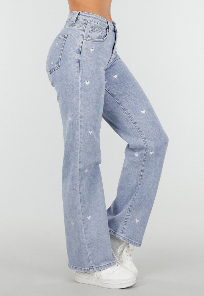 Lichtblauwe Straight Leg Jeans met Hartjesprint