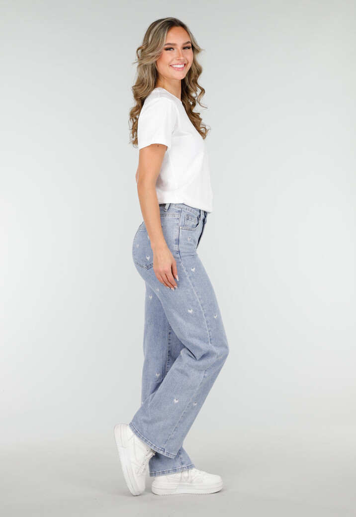 Lichtblauwe Straight Leg Jeans met Hartjesprint