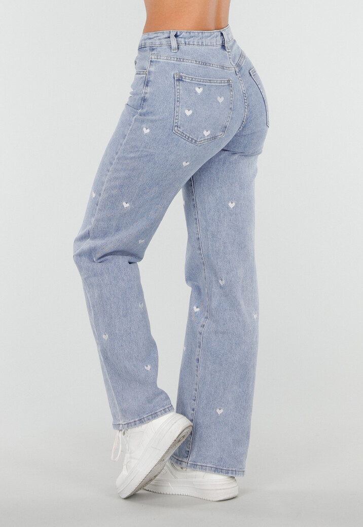 Lichtblauwe Straight Leg Jeans met Hartjesprint