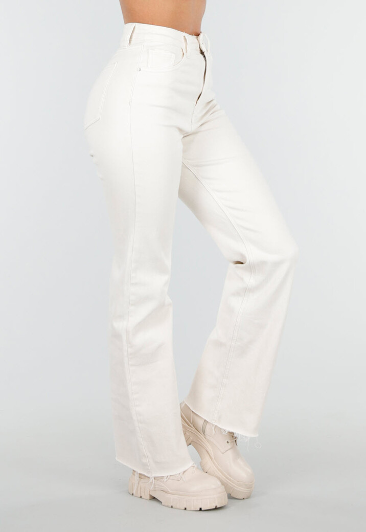 Beige Straight Leg Jeans met High Waist en Stretch