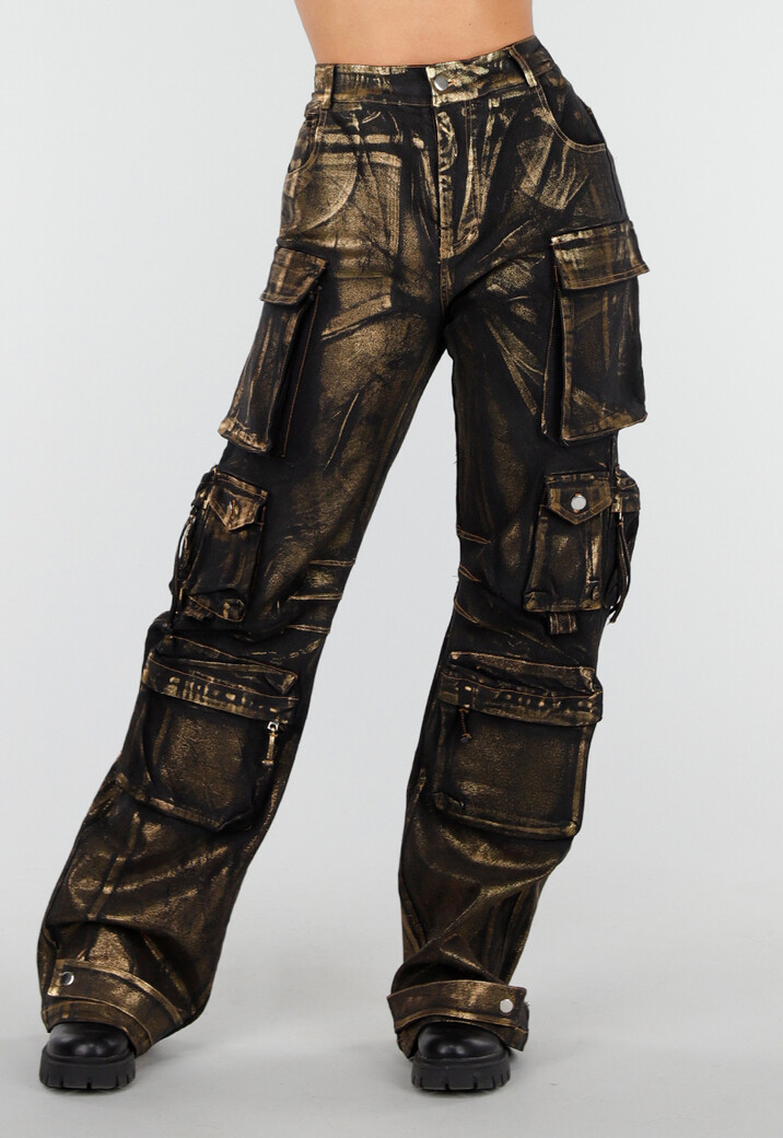 Zwarte Cargo Jeans met Gouden Metallic Coating en Zakken
