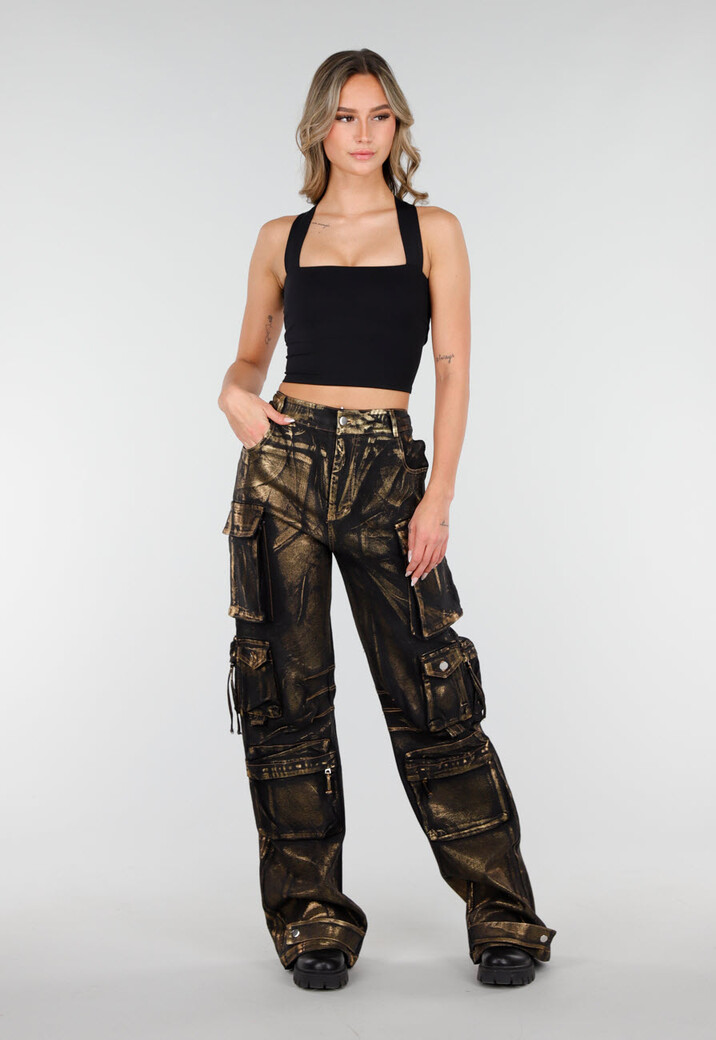 Zwarte Cargo Jeans met Gouden Metallic Coating en Zakken