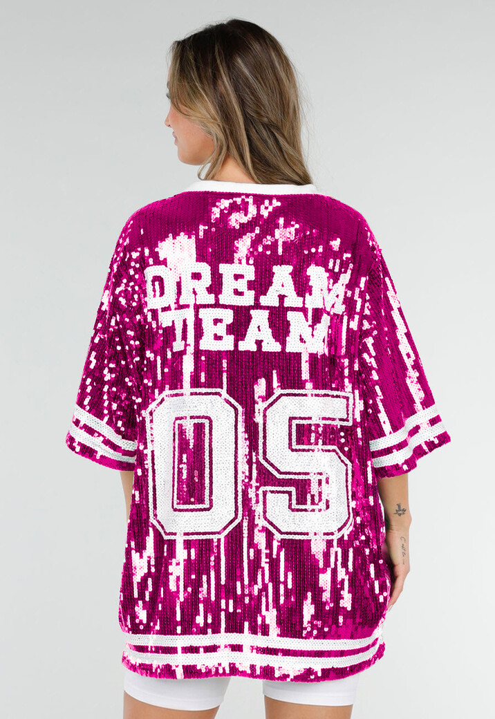 Roze Oversized Pailletten Jersey Top met V Hals