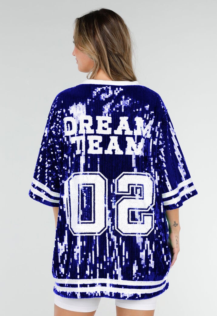 Blauwe Oversized Pailletten Jersey Top met V Hals