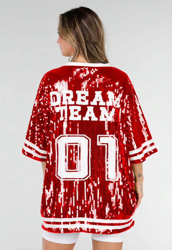 Rode Oversized Pailletten Jersey Top met V Hals