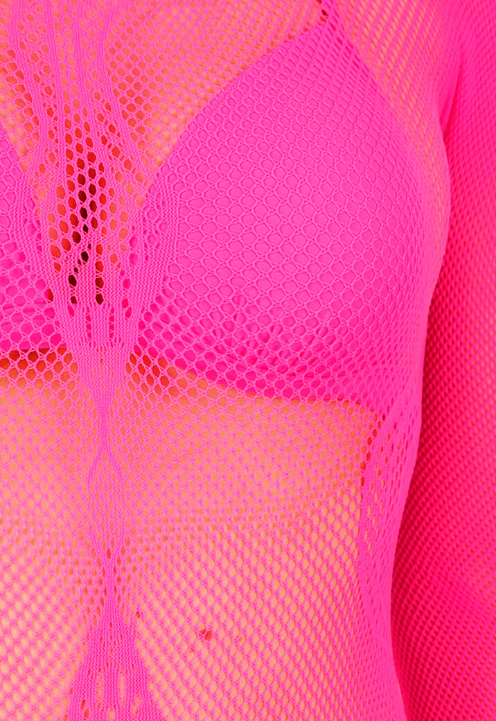 Neon Roze Mesh Fishnet Body met Slangenprint